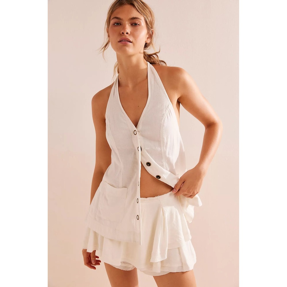 Free People Sail Away Skort Ivory Linen Blend Tiered Mini Skirt Shorts Cream S